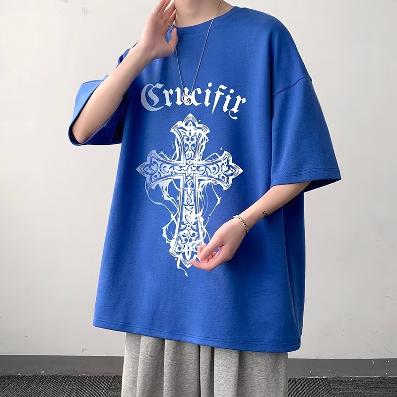 เสื้อยืดลําลอง แขนสั้น คอกลม พิมพ์ลายไม้กางเขน โอเวอร์ไซซ์ สไตล์เรโทร แฟชั่นฤดูร้อน สําหรับผู้ชาย ไซซ์ M - 8XL