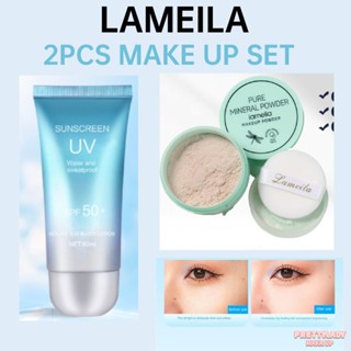 LAMEILA 2PCS ชุดแต่งหน้าครีมกันแดดให้ความชุ่มชื้น + แป้งฝุ่นแต่งหน้าควบคุมความมัน Matte All Day Setting Makeup [prettylady]