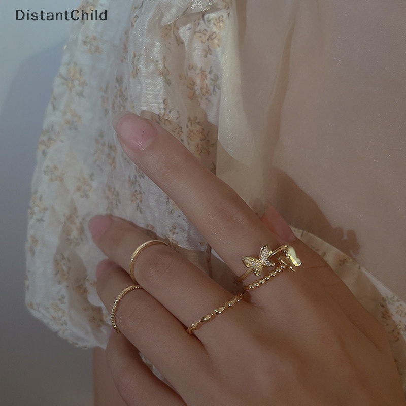 Dsth ชุดแหวนนิ้วมือแฟชั่น ทรงกลม ลายผีเสื้อ สีเงิน ปรับได้ เครื่องประดับ สําหรับผู้หญิง 4 ชิ้น