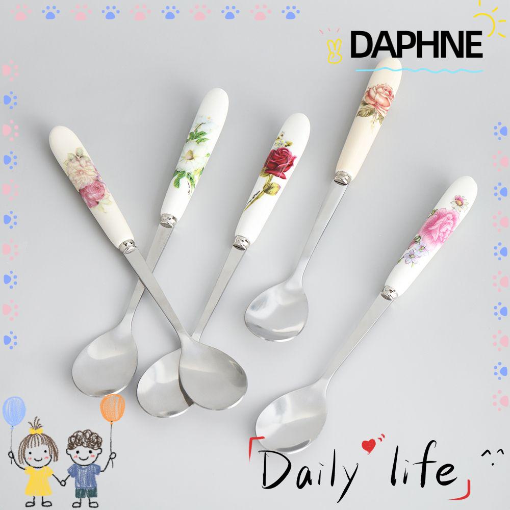 Daphne ช้อนตักกาแฟช้อนชาสแตนเลสเซรามิกลายดอกไม้ดอกกุหลาบสําหรับใช้ในครัวเรือนห้องครัวและรับประทานอาหาร