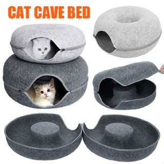 New Cats Tunnel Bed Natural Felt Pet Cave Nest Round House Donut Interactive Toy