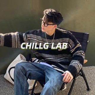 CHILLG LAB เสื้อถักผู้ชายเยาวชนเทรนด์เกาหลียอดนิยมฤดูหนาวแฟชั่นลำลองแขนยาวสเวตเตอร์คอกลมเรียบง่ายลายทาง