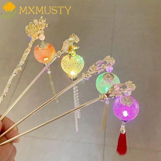 Mxmusty กิ๊บติดผม ตะเกียบ โลหะผสมเรืองแสง มีไฟ LED ลายดอกไม้ สไตล์จีน