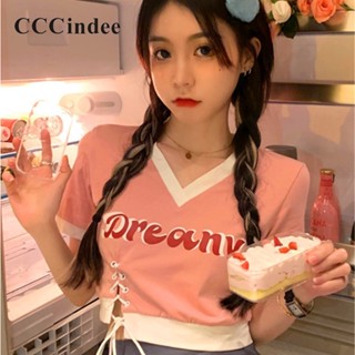 Cccindee ใหม่ เสื้อยืดครอปลําลอง คอวี แขนสั้น แบบผูกเชือก แฟชั่นสําหรับสตรี 2023