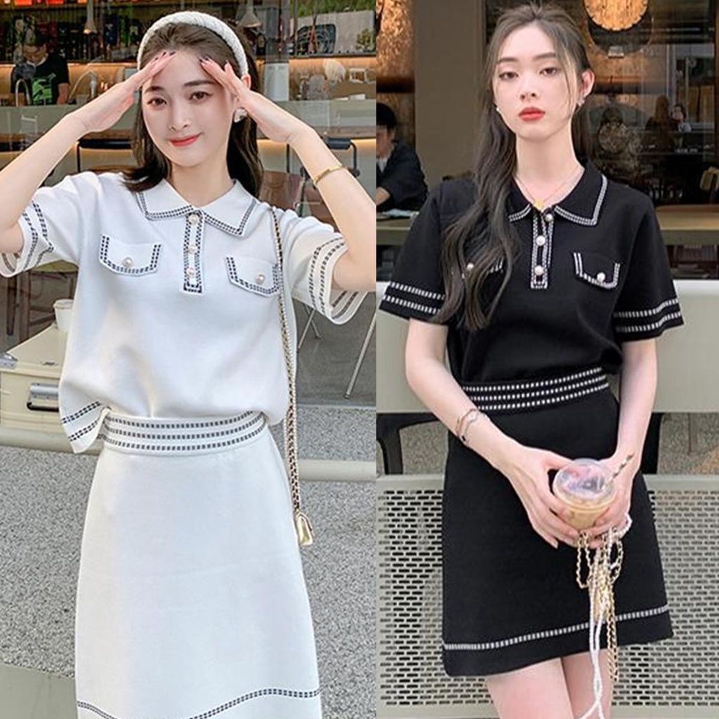 KOKO 8787 *พร้อมส่ง*ถักคอโปโลผ้าไหมน้ำแข็งแขนสั้นผู้หญิงฤดูร้อนส่วนบางสีตัดกันกลิ่นหอมขนาดเล็กด้านบนถัก