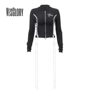 Vesglory เสื้อครอปท็อป แขนยาว คอกลม พิมพ์ลายตัวอักษร มีซิป สีตัดกัน แฟชั่นสําหรับผู้หญิง 2023