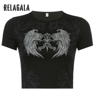 Relagala ใหม่ เสื้อยืดลําลอง แขนสั้น คอกลม พิมพ์ลาย สีพื้น เซ็กซี่ แฟชั่นสําหรับสตรี 2023