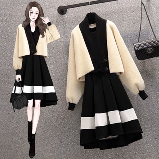 Big size womens autumn women 2023 new knitted sweater + dress two-piece set