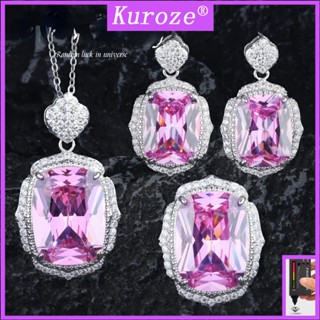 Kuroze สร้อยคอ จี้เพชร สีชมพู วินเทจ หรูหรา แหวนคริสตัล สีชมพู แฟชั่น ชุดต่างหูสตั๊ด อัญมณียาว