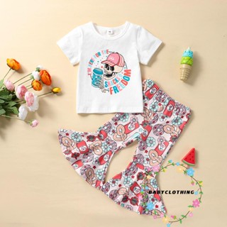 Babyclothes- ชุดเสื้อแขนสั้น และกางเกงขาบาน พิมพ์ลายดอกไม้ 4 กรกฎาคม สําหรับเด็กวัยหัดเดิน