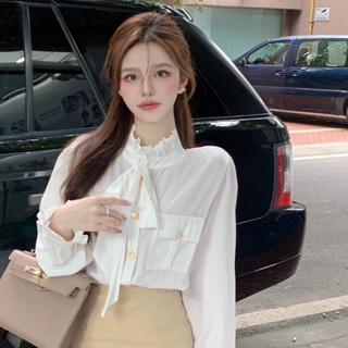 Milyfashion เสื้อเชิ้ต แขนยาว ประดับโบว์ สีขาว สไตล์ใหม่ สําหรับผู้หญิง 2023