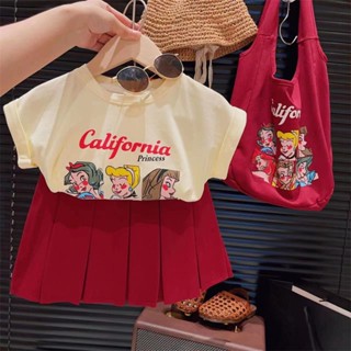 Cream summer dress college style short skirt set 2023 new childrens irregular T-shirt pleated skirt two-piece set