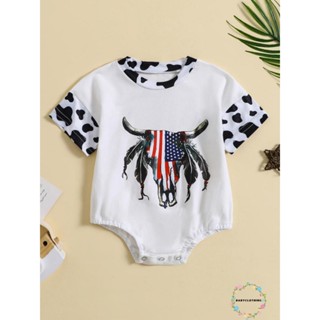 Babyclothes- ชุดรอมเปอร์ บอดี้สูท คอกลม แขนสั้น พิมพ์ลายหัววัว 4th of July สําหรับเด็กทารกแรกเกิด
