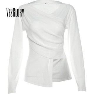 Vesglory เสื้อครอปท็อปแขนยาว คอกลม แต่งรูกลวง สีพื้น แฟชั่นสําหรับสตรี 2023