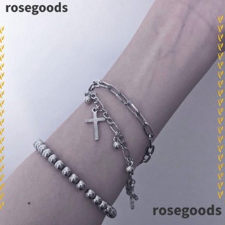 Rosegoods1 พังก์ ฮิปฮอป สร้อยข้อมือ, เครื่องประดับเงิน สร้อยข้อมือโลหะ, แฟชั่น จี้ สองชั้น สร้อยข้อมือเหล็กไทเทเนียม ผู้หญิง