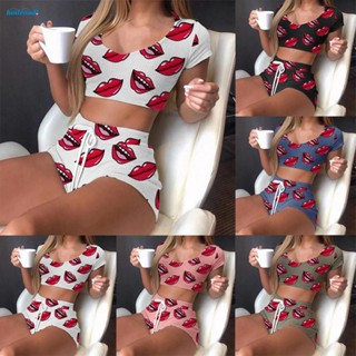 【HODRD】Women Lingerie Set All Season Daily Homewear Lips Print Night Polyester【Fashion】