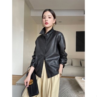 [New autumn] 2023 Spring and Autumn New genuine leather vegetable tanned sheepskin womens shirt collar short casual simple leather jacket jacket Haining 4II8