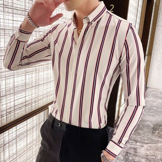 เสื้อเชิ้ตแขนยาว หนัง Pu เข้ารูป ลายทาง สไตล์เกาหลี สําหรับผู้ชายวัยกลางคน