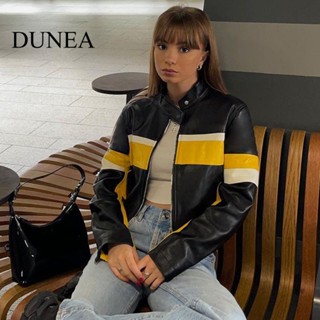 Dunea เสื้อแจ็กเก็ต หนัง PU ครอป บล็อกสี สไตล์โมโต้ สําหรับผู้หญิง