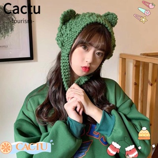 Cactu หมวกผ้าขนสัตว์ถัก กันลม กันหูแมวน่ารัก ให้ความอบอุ่น แฟชั่นฤดูใบไม้ร่วง ฤดูหนาว สําหรับผู้หญิง