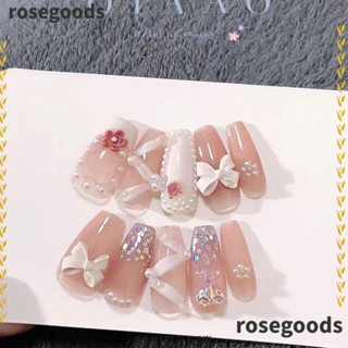 Rosegoods1 เล็บปลอม แฮนด์เมด พร้อมกล่องเครื่องมือ ลายดอกไม้ แฟชั่น สําหรับผู้หญิง XS S M L