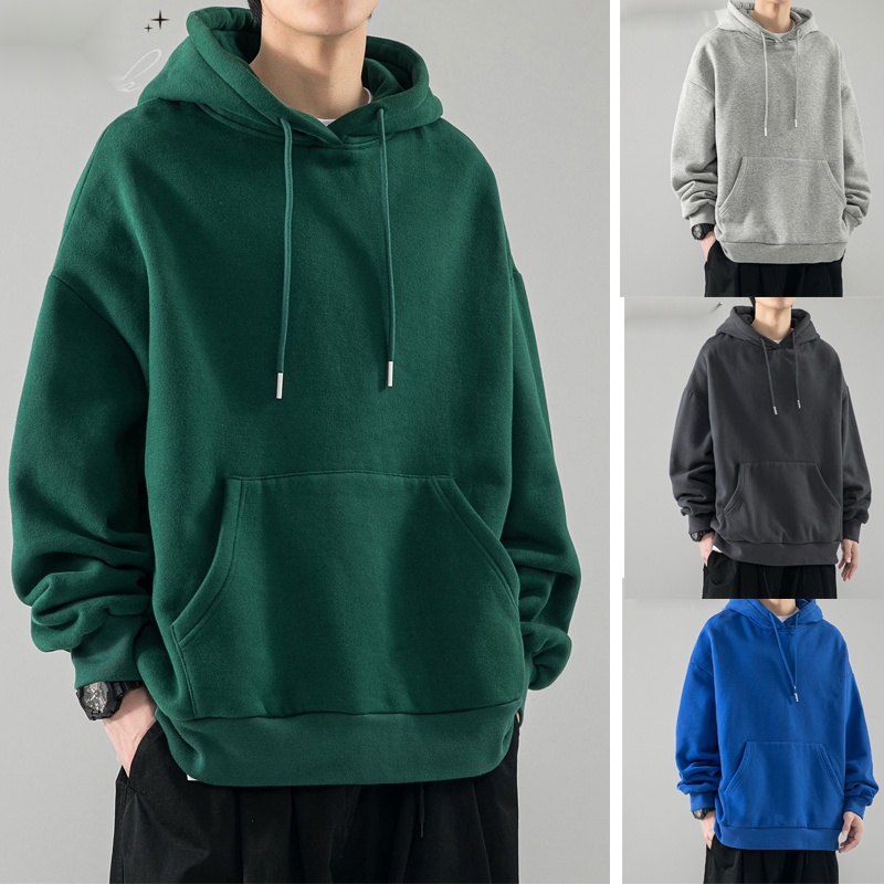 เสื้อกันหนาว แขนยาว มีฮู้ด ทรงหลวม สไตล์ญี่ปุ่น มินิมอล สีพื้น สําหรับผู้ชาย SLC251