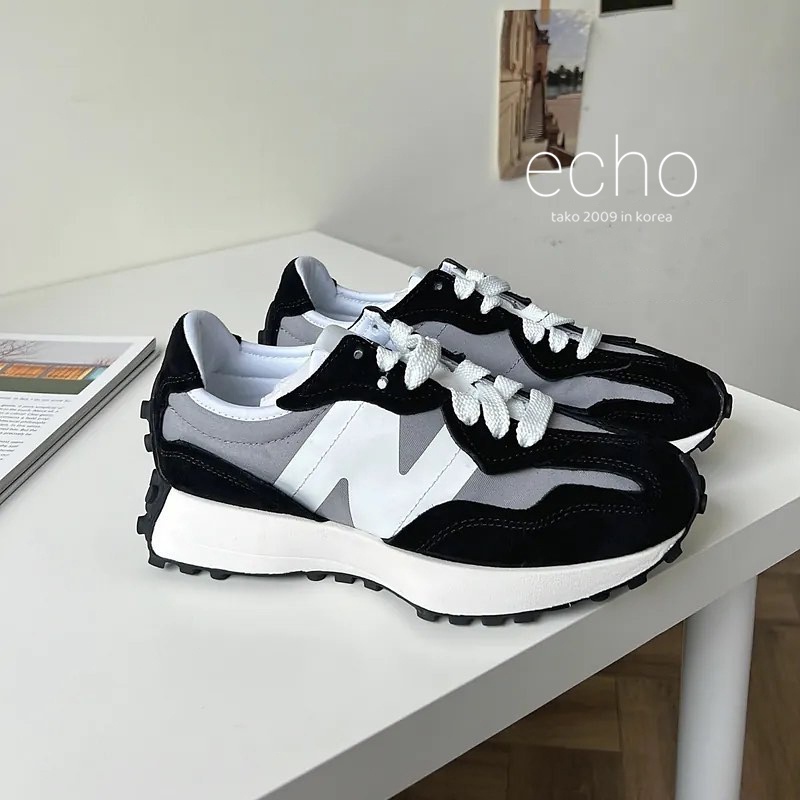 Echo- New Balance NB327 Black Grey Big N White U327WEC Vintage Suede Casual Shoes Jogging Shoes Couple Shoes