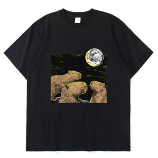 คาปิบาร่า Three Moon Capybaras เสื้อยืดลําลอง แขนสั้น พิมพ์ลายสัตว์น่ารัก ทรงหลวม เรียบง่าย แฟชั่นฤดูร้อน สําหรับคู่รัก