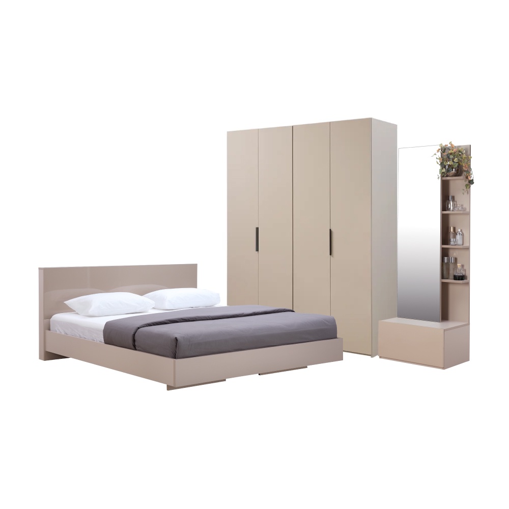 INDEX LIVING MALL ชุดห้องนอน รุ่นแมสซิโม่+แมกซี่ ขนาด 5 ฟุต (เตียงนอน(พื้นเตียงทึบ), ตู้เสื้อผ้า 4 บาน, โต๊ะเครื่องแป้ง) - สีหินทราย
