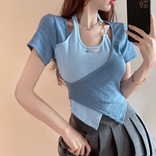 เสื้อยืดแขนสั้น คอกว้าง แต่งชายไม่สม่ําเสมอ สีคอนทราสต์ แฟชั่นฤดูร้อน สไตล์เกาหลี สําหรับผู้หญิง