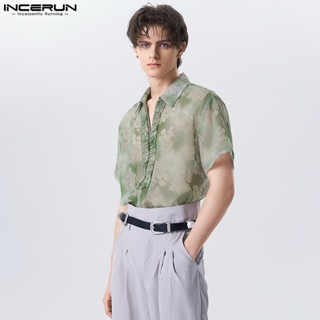 Incerun เสื้อเชิ้ต แขนสั้น ขอบหู แฟชั่นสําหรับผู้ชาย