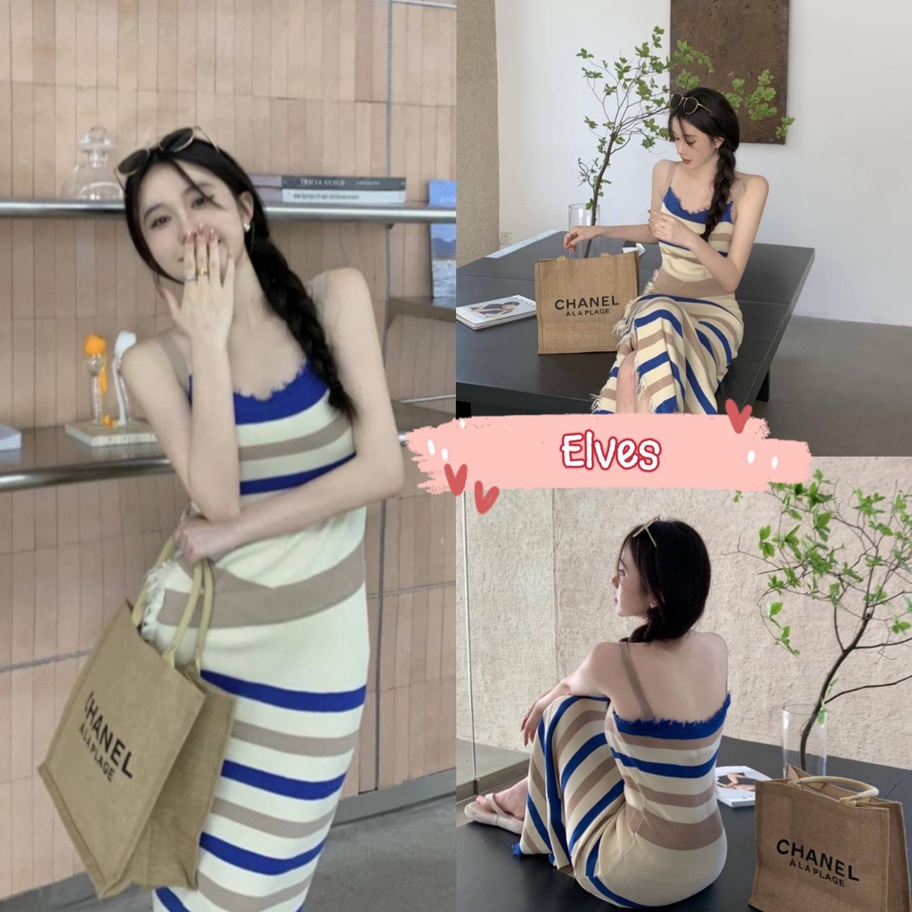 Elves✨พร้อมส่ง✨ ชุดเดรสไหมพรม รัดรูป แหวดข้างๆเล็กเก๋มากแม่ ~56089~