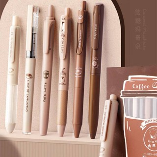 ปากกาไฮไลท์เจล 0.5 มม. ลายคาปูชิโน่ มอคค่า คาเฟ่ ลาเต้ กาแฟน่ารัก สีดํา สไตล์เกาหลี สําหรับนักเรียน สํานักงาน ของขวัญวันเกิด 6 ชิ้น