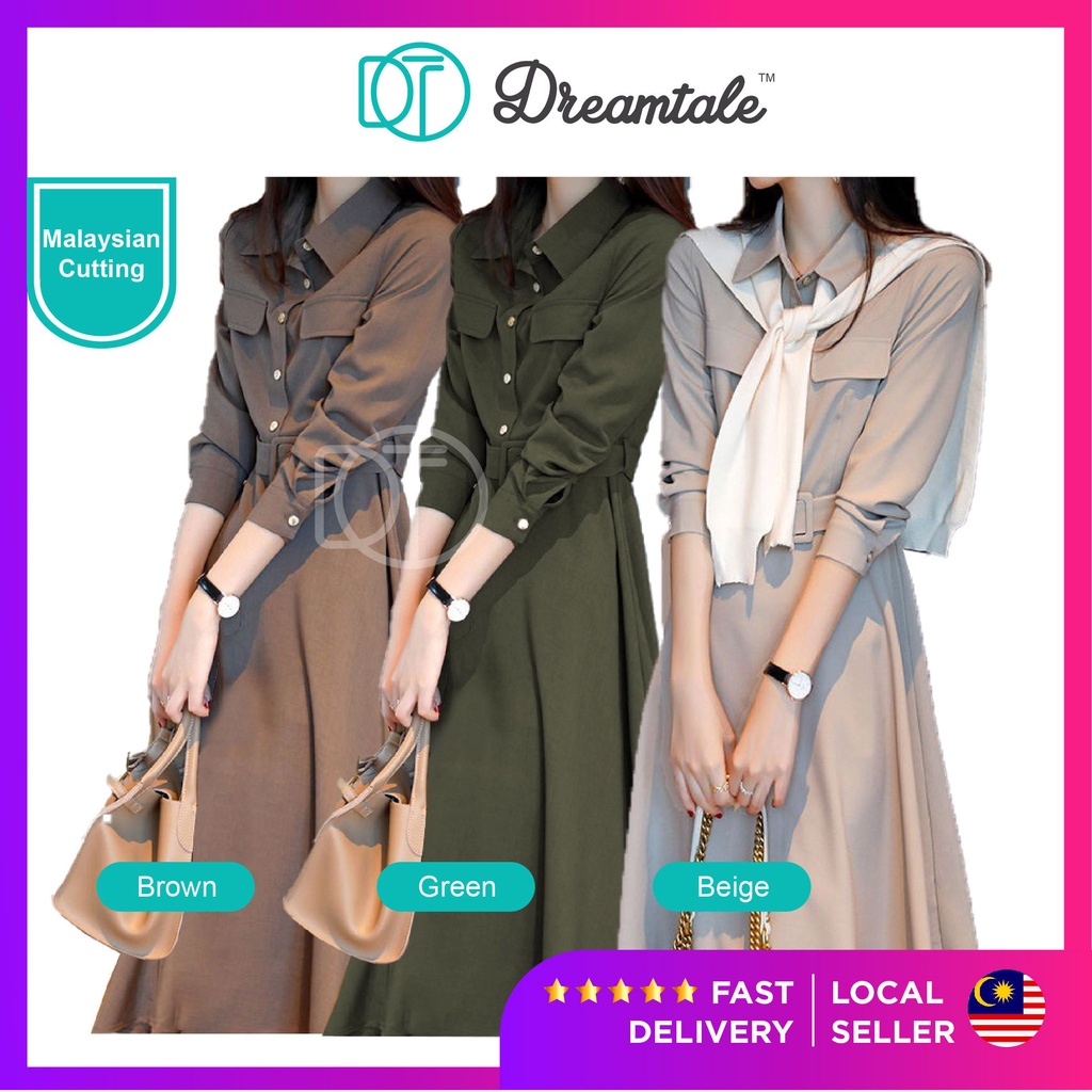 Dreamtale Darene ผู้หญิงชุดเกาหลีแฟชั่นชุดคอปุ่มเข็มขัดเอวแขนยาวชุด Baju Wanita WCO162