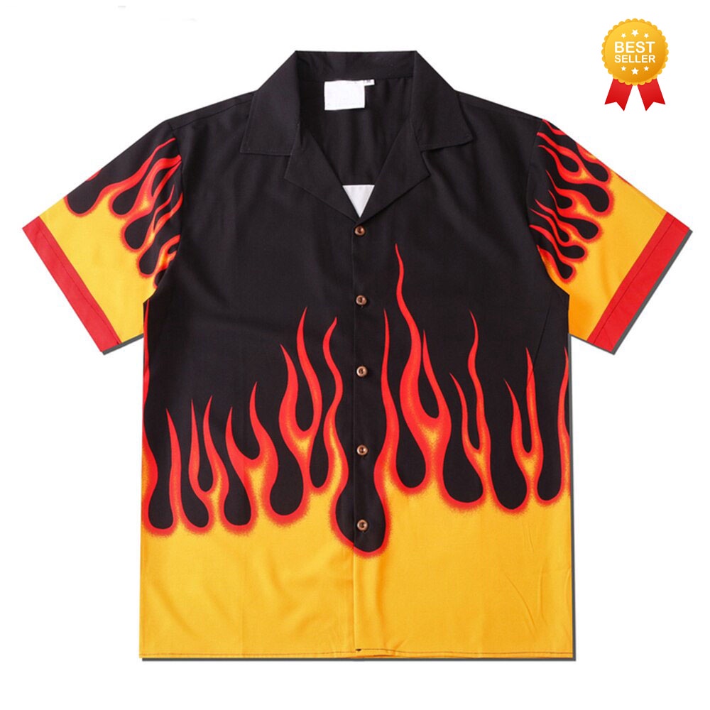 เสื้อเชิ้ต ลายเปลวไฟ สไตล์วินเทจ ฮาวาย แฟชั่นฤดูร้อน สําหรับผู้ชาย