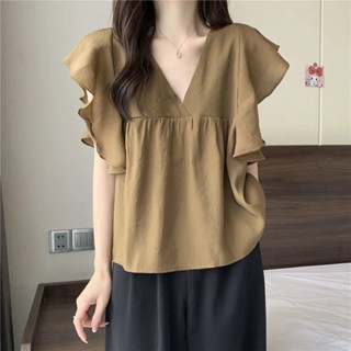 เสื้อเชิ้ต คอวี แขนพอง ขนาดเล็ก สไตล์เกาหลี แฟชั่นฤดูร้อน สําหรับผู้หญิง 2023