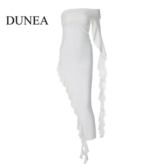 Dunea ชุดเดรส เปิดไหล่ จับจีบ สีพื้น สําหรับผู้หญิง