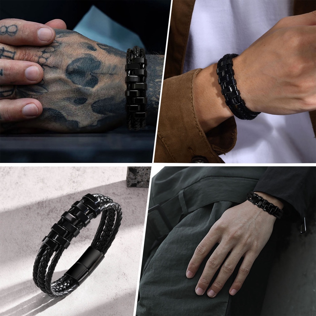 Vnox สร้อยข้อมือหนังแท้ สามชั้น ประดับลูกปัดสเตนเลส ลําลอง สีดํา เครื่องประดับแฟชั่น สําหรับผู้ชาย