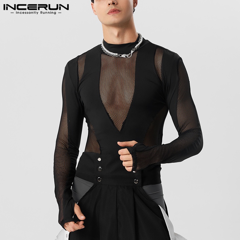 Incerun ชุดบอดี้สูท ทรงสามเหลี่ยม ผ้าตาข่ายกลวง ยืดหยุ่น แบบสวมหัว