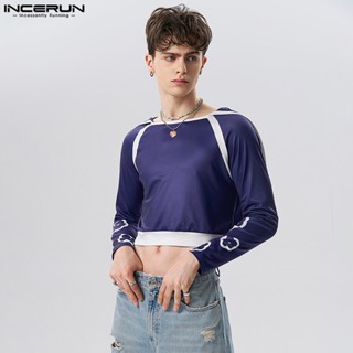 Incerun เสื้อยืด ตัวสั้น ผ้าถัก แบบรัดรูป สําหรับผู้ชาย