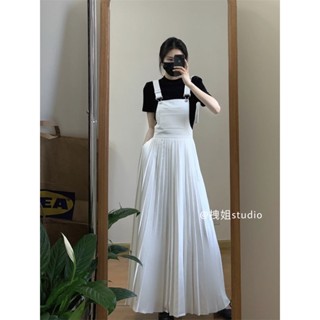 Korean vintage high-grade temperament all match suspenders skirt + black T-shirt two-piece set