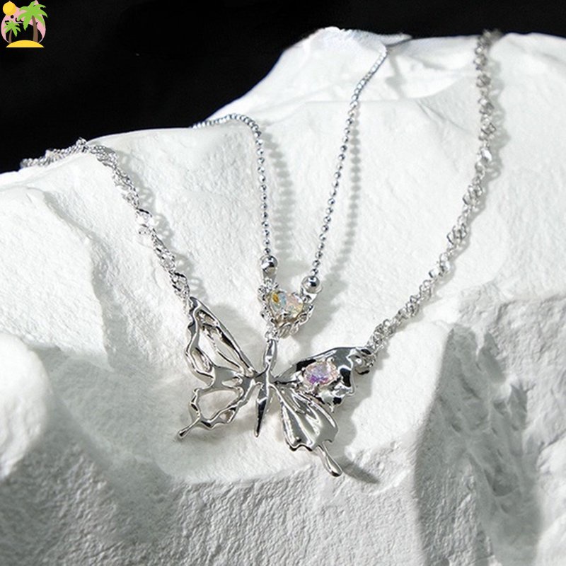 Vintage อุปกรณ์เสริมความงามผีเสื้อจี้สร้อยคอผู้หญิง Hip Hop Kpop Double Chain สร้อยคอหัวใจสาวเครื่อง