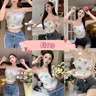 Elves✨พร้อมส่ง✨ เสื้อสายเดี่ยว มีฟองน้ำ ลายดอกไม้  ด้านหลังสม๊อคยืดนิดหน่อย ~FY388~ -DD