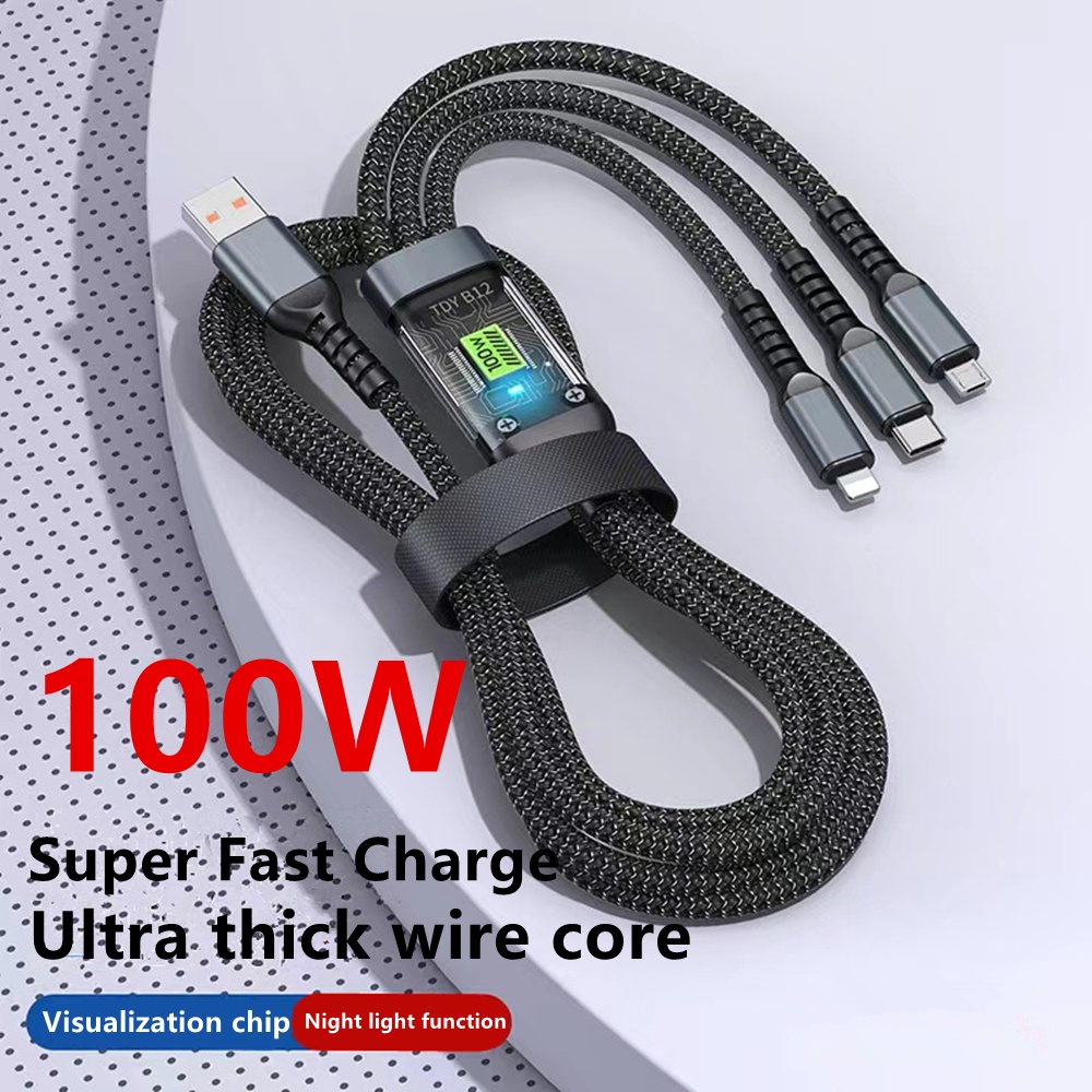 สายชาร์จ 100W 3 in 1 Super 6A Micro USB Type C สายชาร์จเร็ว Type-C สายเคเบิลข้อมูล สําหรับ Samsung