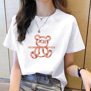 เสื้อยืดคอกลม แขนสั้น พิมพ์ลาย ทรงหลวม แฟชั่นสําหรับผู้หญิง