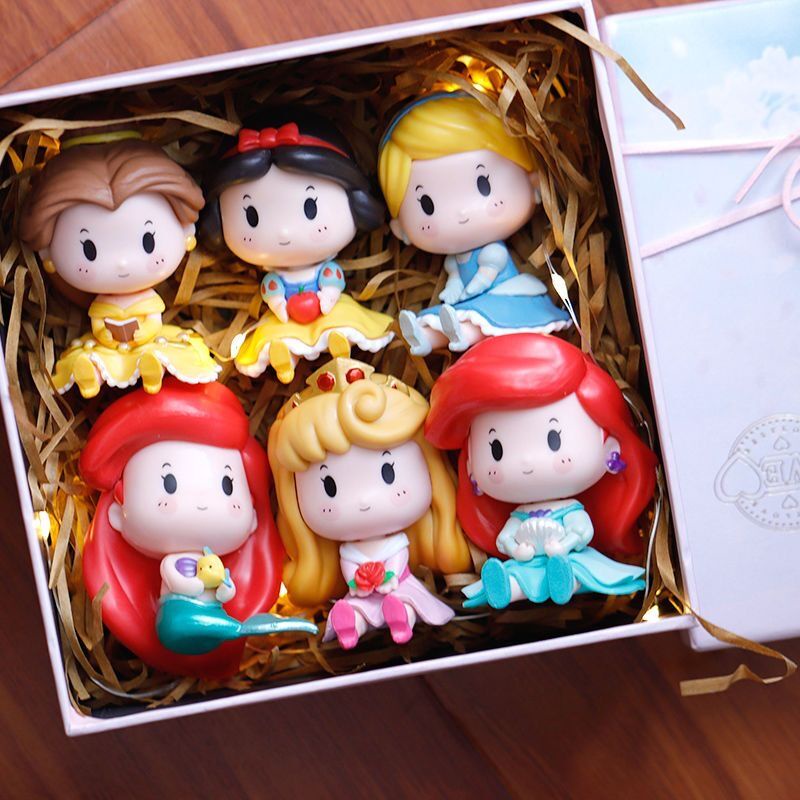 โมเดลตุ๊กตาฟิกเกอร์ PVC เจ้าหญิงดิสนีย์ Q Version Snow White Cinderella Ariel Bella Aurora สําหรับตกแต่งเค้ก 6 ชิ้น ต่อชุด