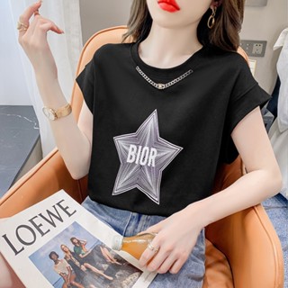 เสื้อยืดแขนสั้น คอกลม ทรงหลวม พิมพ์ลายตัวอักษร ประดับเพชร ระดับไฮเอนด์ แฟชั่นฤดูร้อน สําหรับผู้หญิง 2023