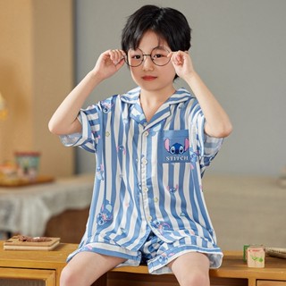 Summer new short-sleeved Stitch silk childrens pajamas Cute cartoon childrens home clothes