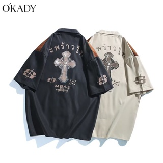 OKADY ใหม่ผู้ชายอารมณ์ทันสมัยยอดนิยมเสื้อคอสี่เหลี่ยมพิมพ์ทุกวันแขนห้าส่วน