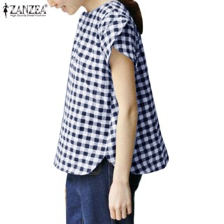 Zanzea เสื้อเบลาส์ แขนสั้น เปิดหลัง ลําลอง ลายสก๊อต สไตล์เกาหลี สําหรับผู้หญิง